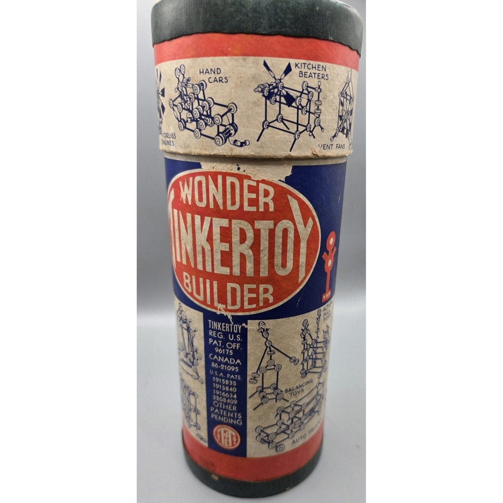 Vintage Wonder Tinkertoy Builder Toy Tinkers Wooden Set Canisters Parts USA - Picture 5 of 13